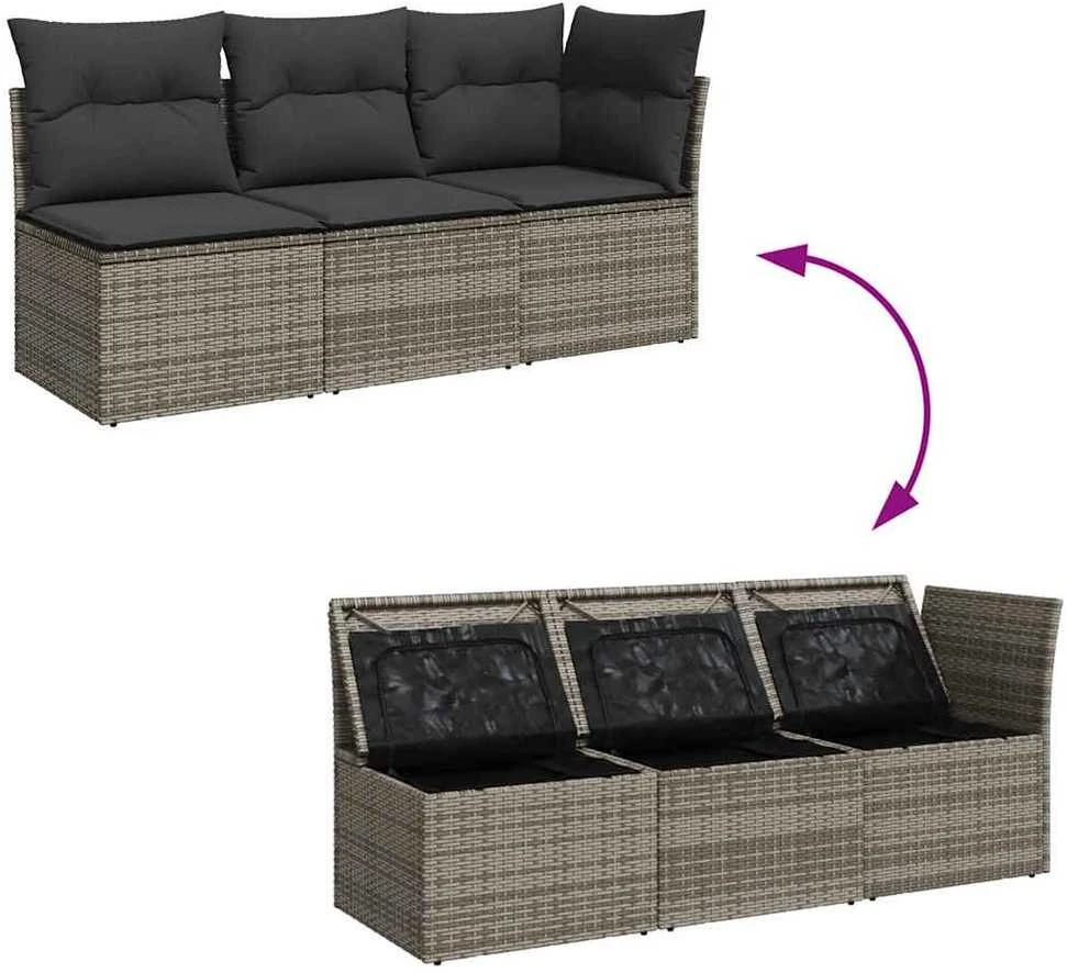 Trivietė sodo sofa su pagalvėlėmis, pilkos spalvos, poliratanas