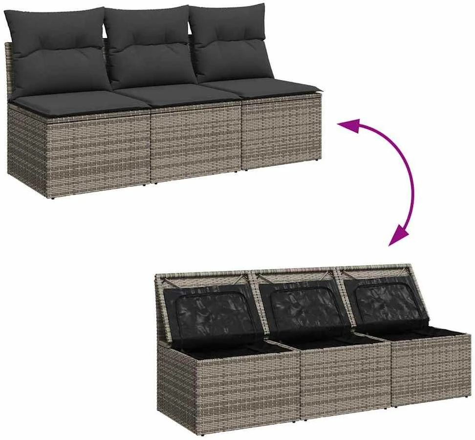 Trivietė sodo sofa su pagalvėlėmis, pilkos spalvos, poliratanas