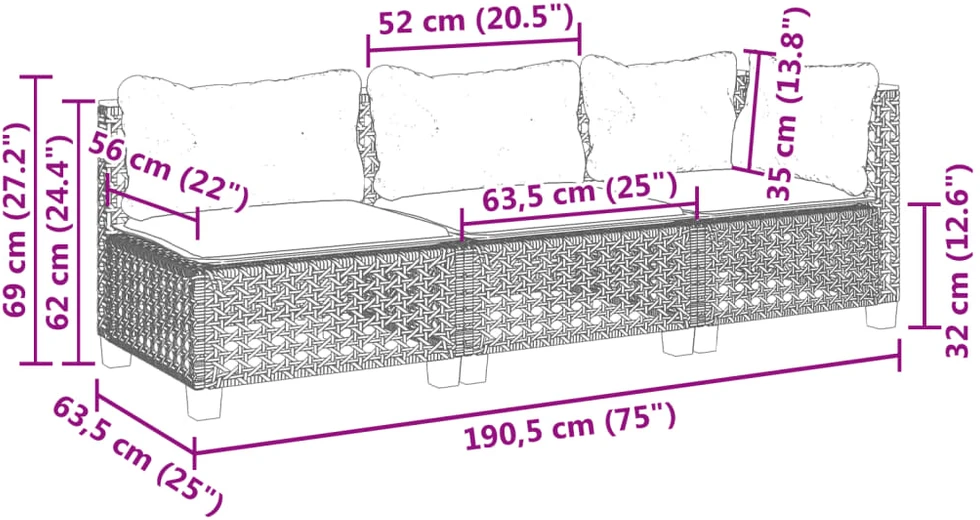 Trivietė sodo sofa su pagalvėlėmis, pilkos spalvos, poliratanas