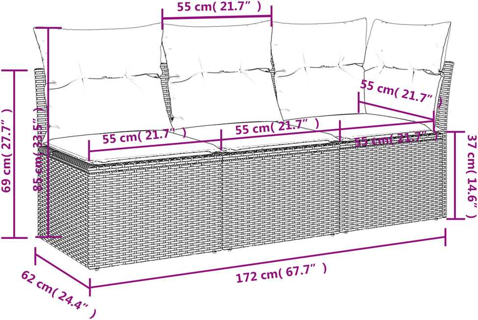 | Sodo sofa | su pagalve Pilka 172 x 62 x 69 cm Poli ratanas