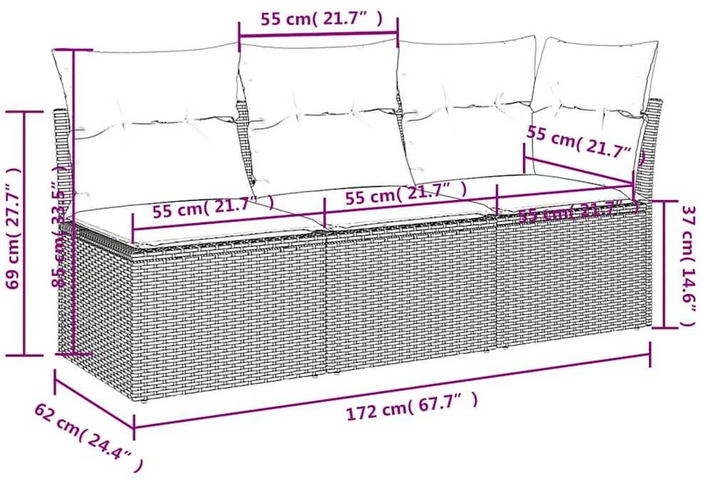 Trivietė sodo sofa su pagalvėlėmis, pilkos spalvos, poliratanas