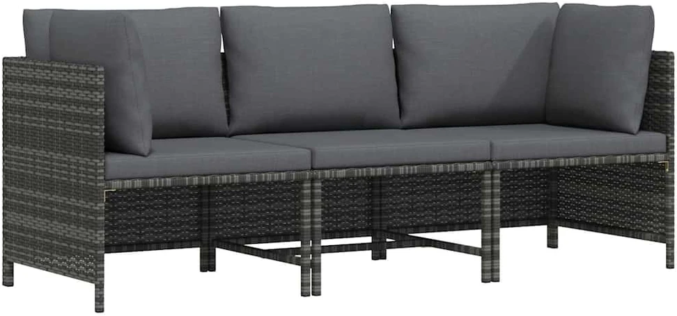Trivietė sodo sofa su pagalvėlėmis, pilkos spalvos, poliratanas