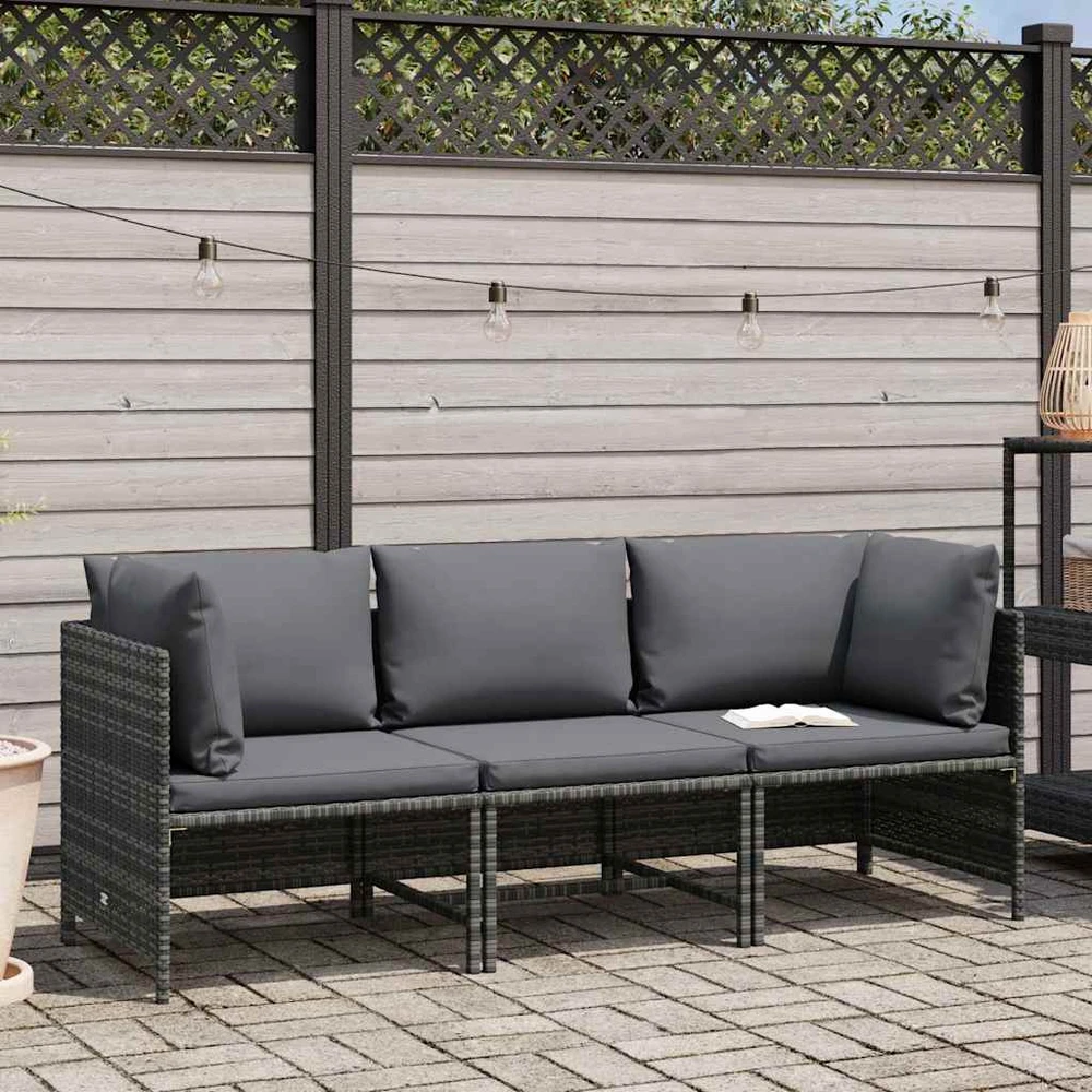 Trivietė sodo sofa su pagalvėlėmis, pilkos spalvos, poliratanas