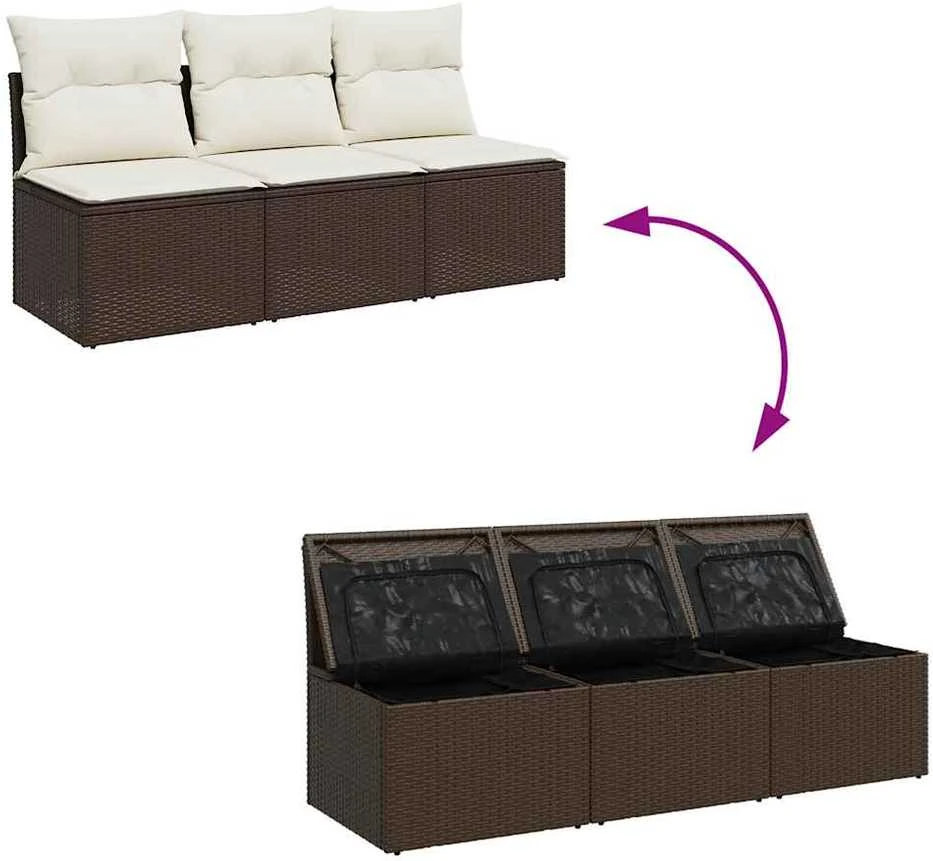 Trivietė sodo sofa su pagalvėlėmis, ruda, poliratanas