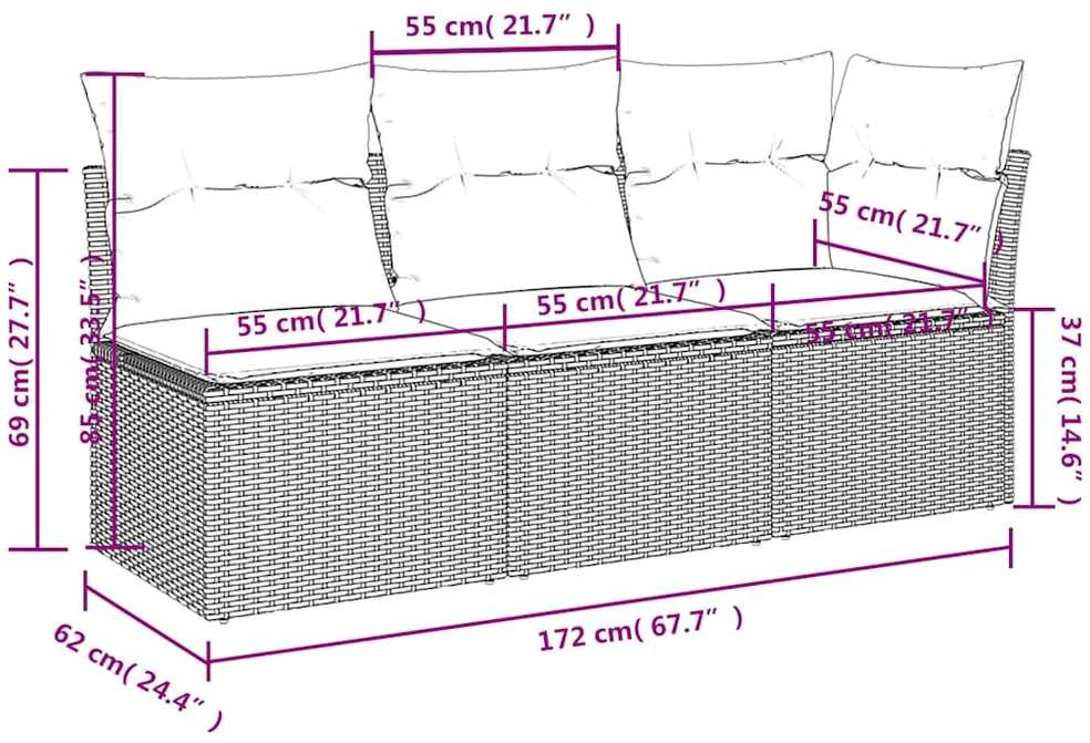 Trivietė sodo sofa su pagalvėlėmis, ruda, poliratanas