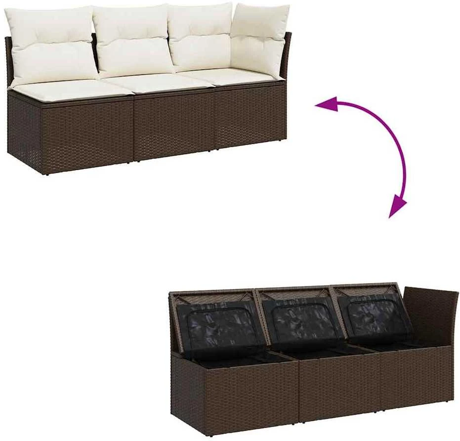 Trivietė sodo sofa su pagalvėlėmis, ruda, poliratanas