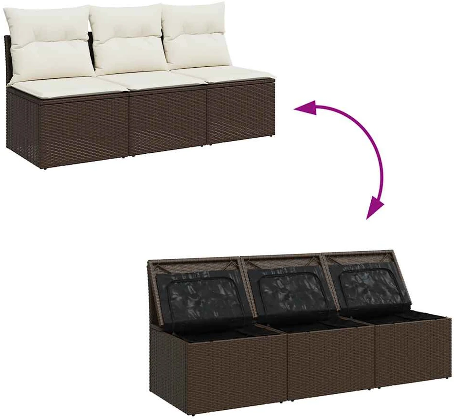 Trivietė sodo sofa su pagalvėlėmis, ruda, poliratanas