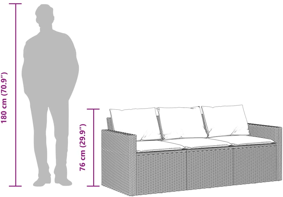 Trivietė sodo sofa su pagalvėlėmis, ruda, poliratanas
