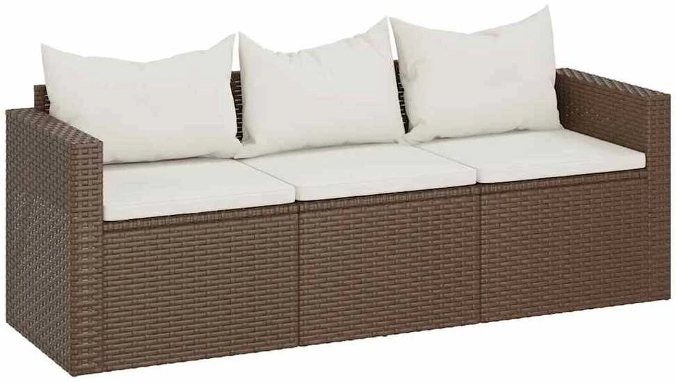Trivietė sodo sofa su pagalvėlėmis, rudos spalvos, poliratanas