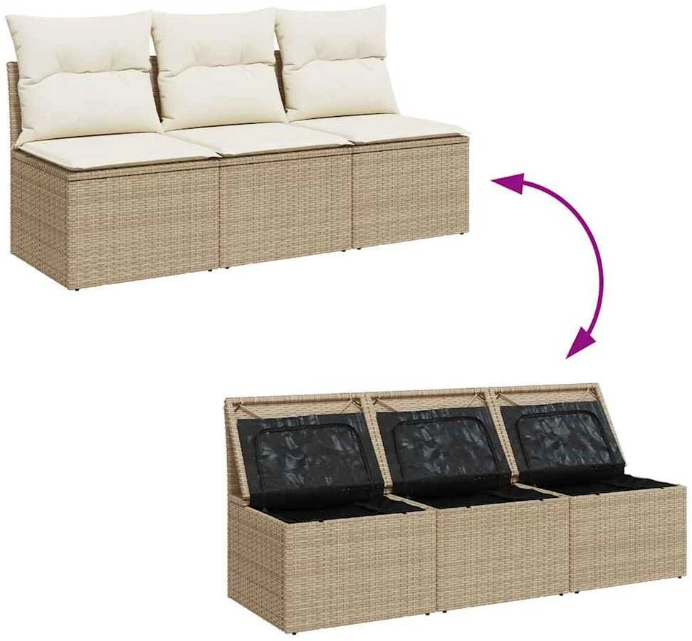 Trivietė sodo sofa su pagalvėlėmis, smėlio spalvos, poliratanas