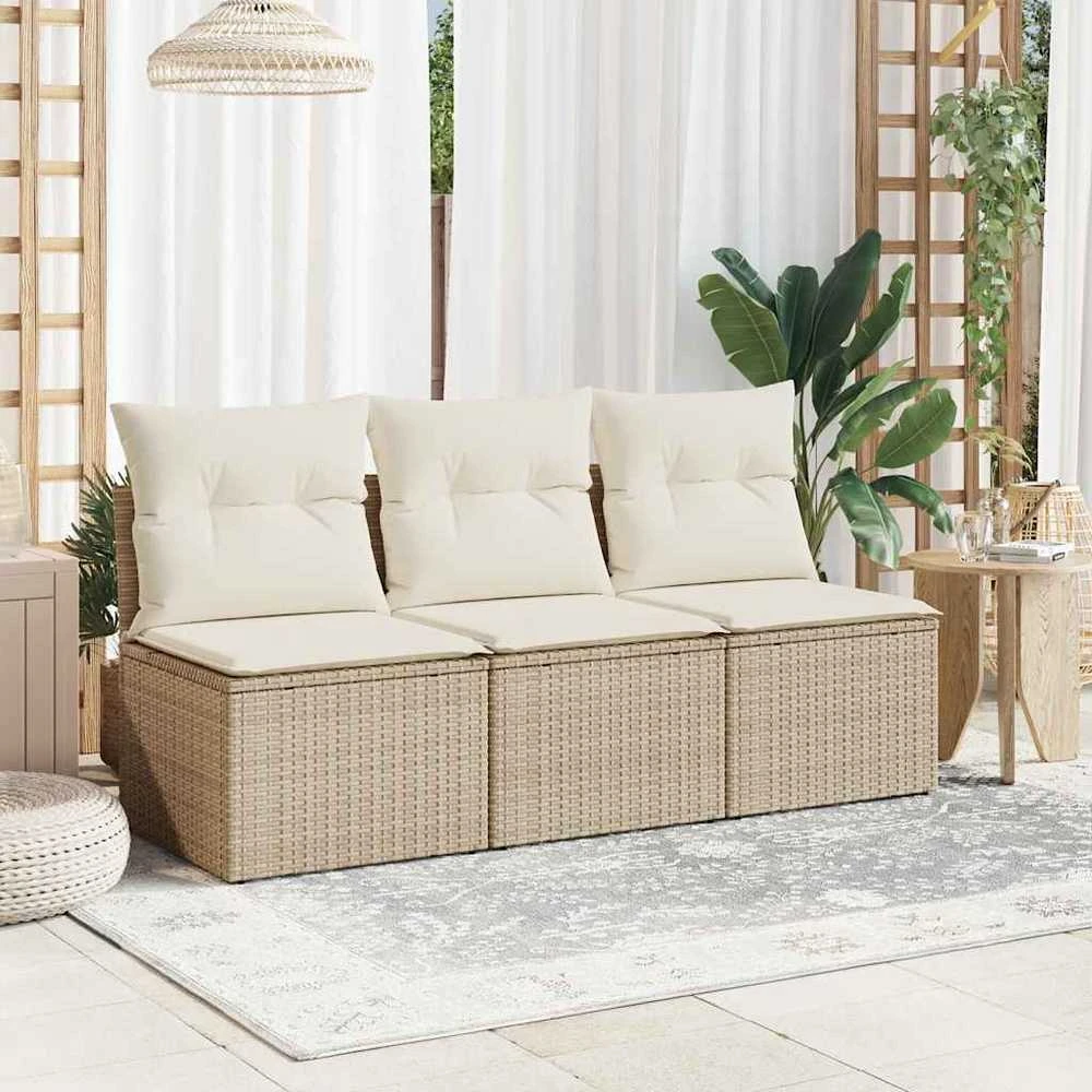 Trivietė sodo sofa su pagalvėlėmis, smėlio spalvos, poliratanas