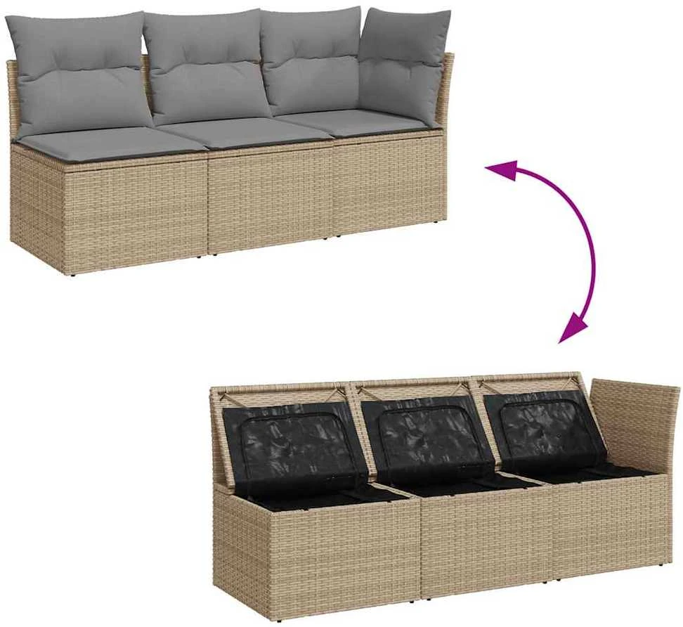 Trivietė sodo sofa su pagalvėlėmis, smėlio spalvos, poliratanas