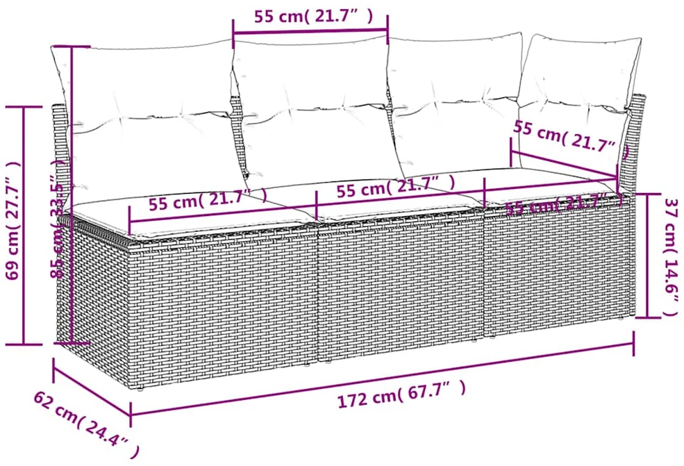 Trivietė sodo sofa su pagalvėlėmis, smėlio spalvos, poliratanas