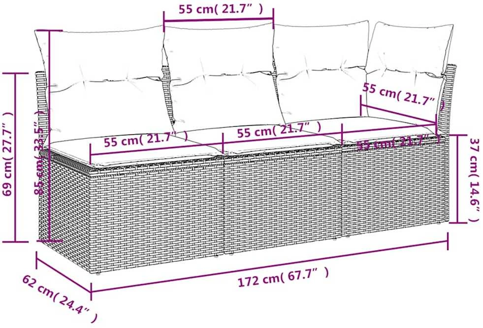 Trivietė sodo sofa su pagalvėlėmis, smėlio spalvos, poliratanas