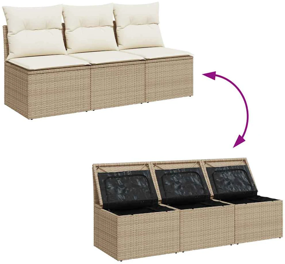 Trivietė sodo sofa su pagalvėlėmis, smėlio spalvos, poliratanas