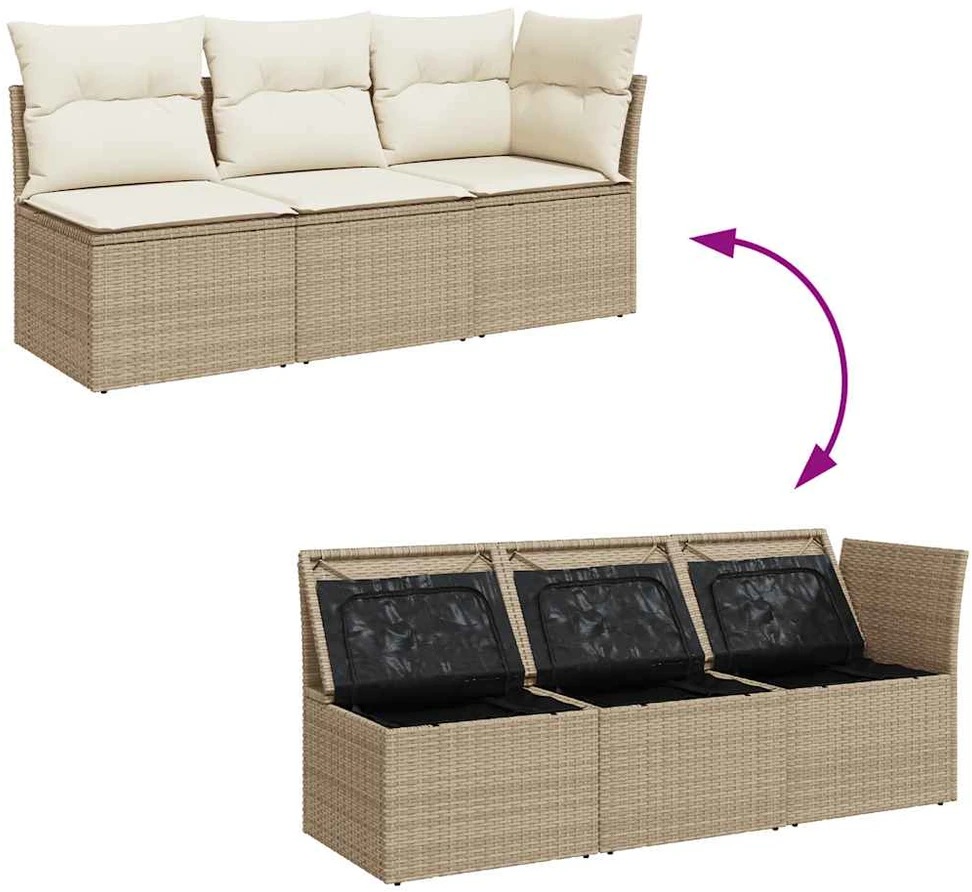 Trivietė sodo sofa su pagalvėlėmis, smėlio spalvos, poliratanas