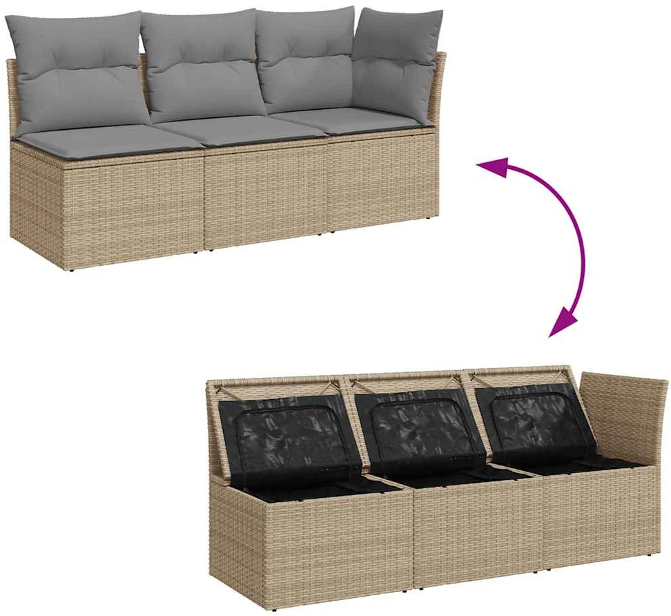 Trivietė sodo sofa su pagalvėlėmis, smėlio spalvos, poliratanas