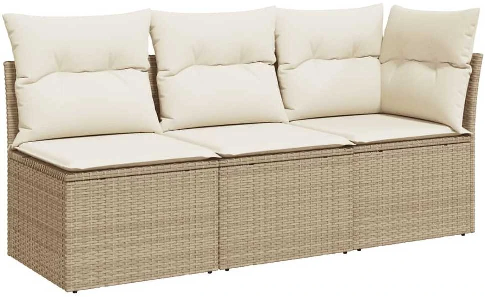 Trivietė sodo sofa su pagalvėlėmis, smėlio spalvos, poliratanas