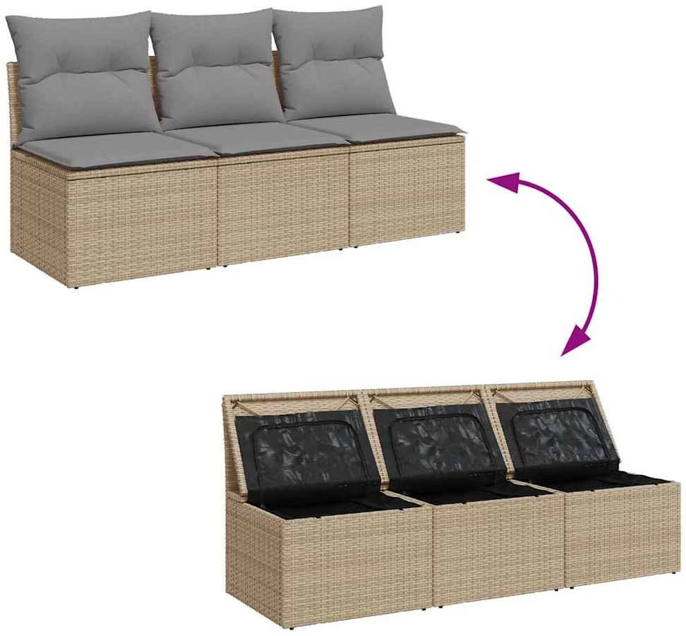 Trivietė sodo sofa su pagalvėlėmis, smėlio spalvos, poliratanas