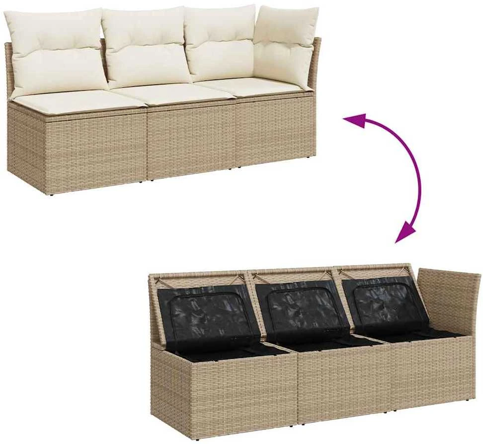 Trivietė sodo sofa su pagalvėlėmis, smėlio spalvos, poliratanas