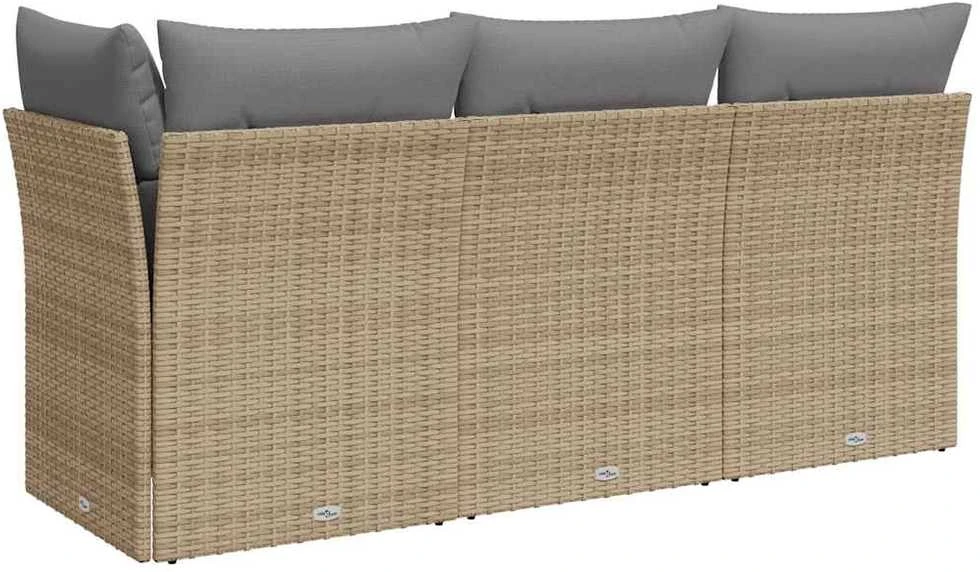 Trivietė sodo sofa su pagalvėlėmis, smėlio spalvos, poliratanas