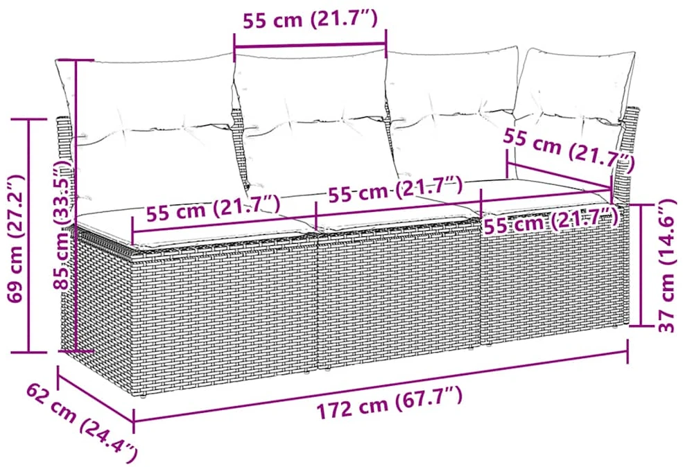 Trivietė sodo sofa su pagalvėlėmis, šviesiai pilka, poliratanas