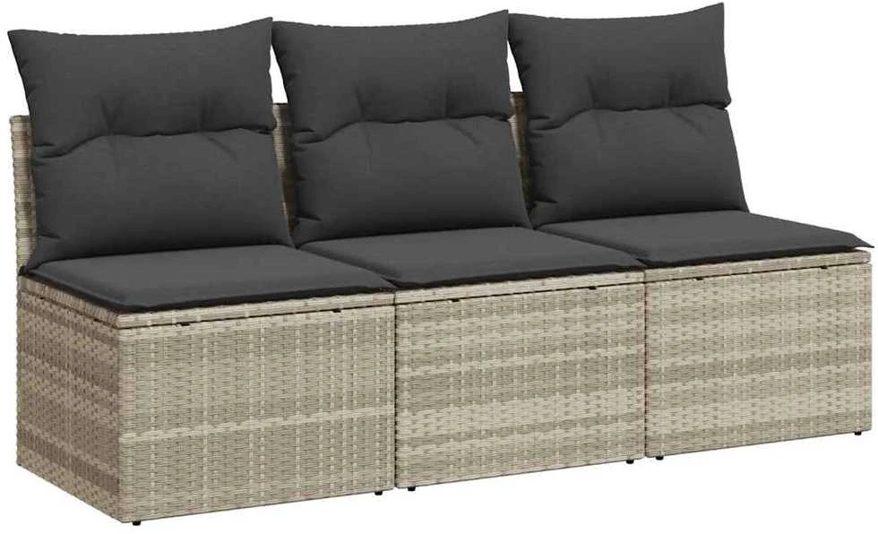 Trivietė sodo sofa su pagalvėlėmis, šviesiai pilka, poliratanas