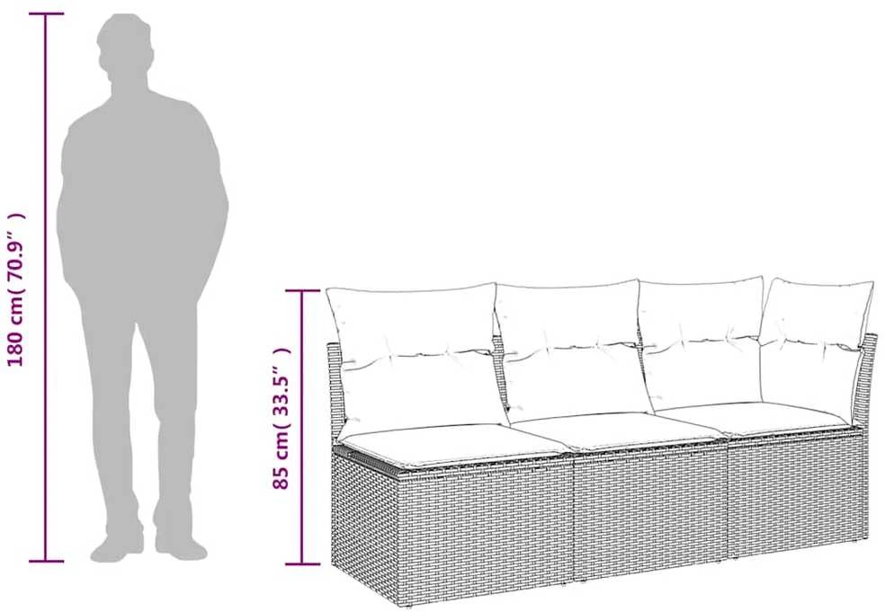 Trivietė sodo sofa su pagalvėlėmis, šviesiai pilka, poliratanas