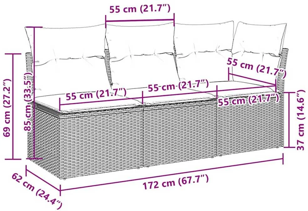 Trivietė sodo sofa su pagalvėlėmis, šviesiai pilka, poliratanas