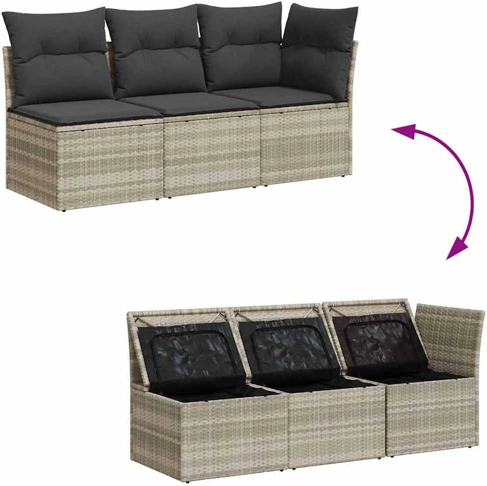 Trivietė sodo sofa su pagalvėlėmis, šviesiai pilka, poliratanas