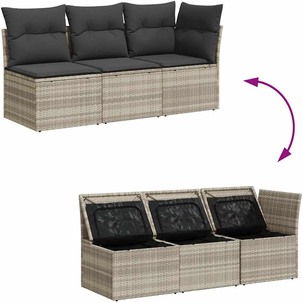 Trivietė sodo sofa su pagalvėlėmis, šviesiai pilka, poliratanas