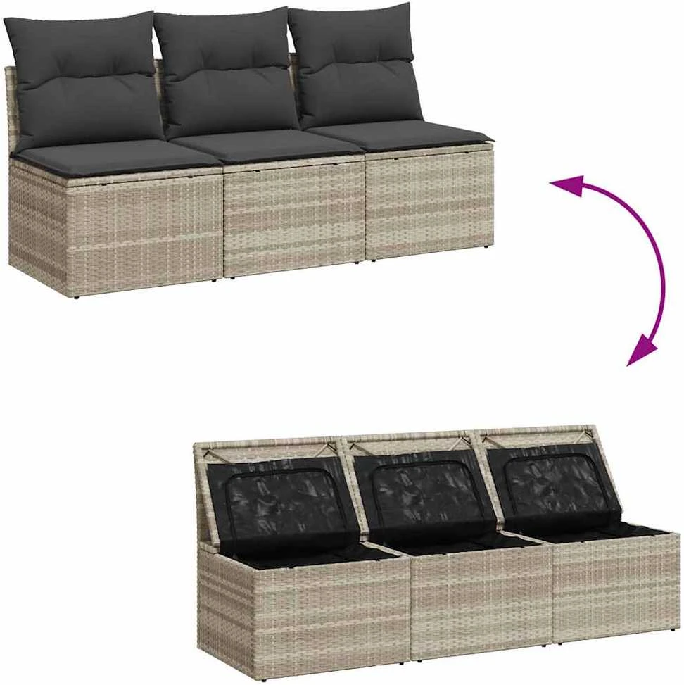 Trivietė sodo sofa su pagalvėlėmis, šviesiai pilka, poliratanas