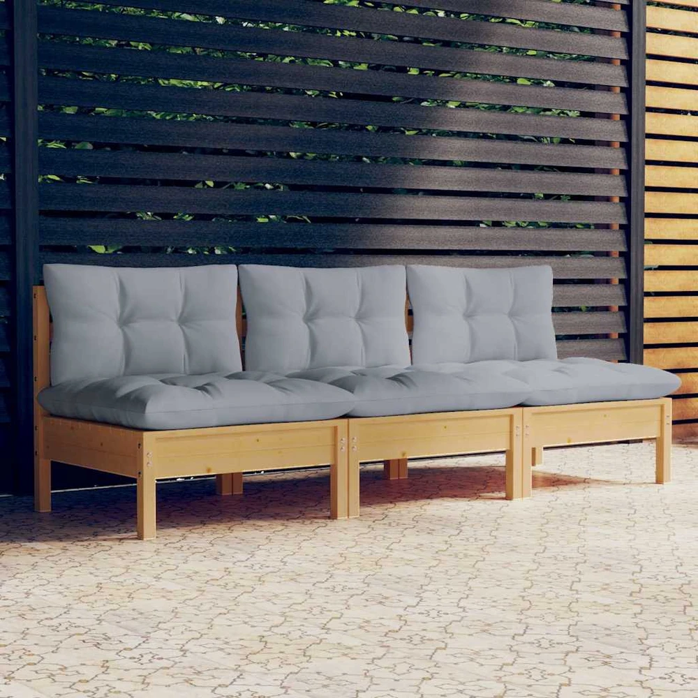 Trivietė sodo sofa su pilkomis pagalvėlėmis, pušies masyvas