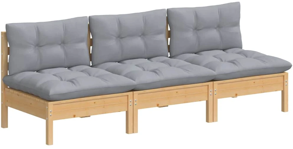 Trivietė sodo sofa su pilkomis pagalvėlėmis, pušies masyvas