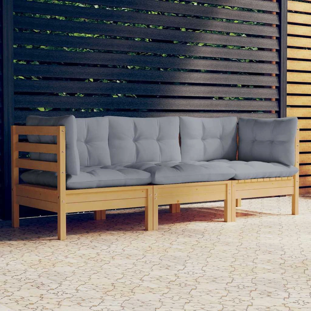Trivietė sodo sofa su pilkomis pagalvėlėmis, pušies masyvas