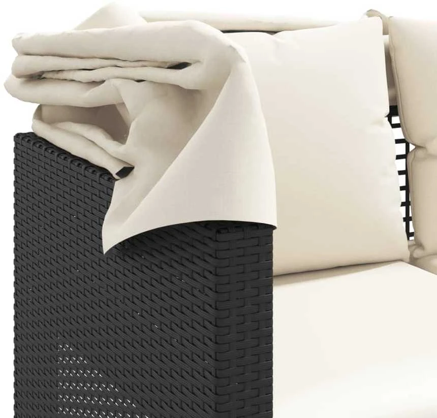 Trivietė sodo sofa su skliautu/taburetėmis, juoda, poliratanas