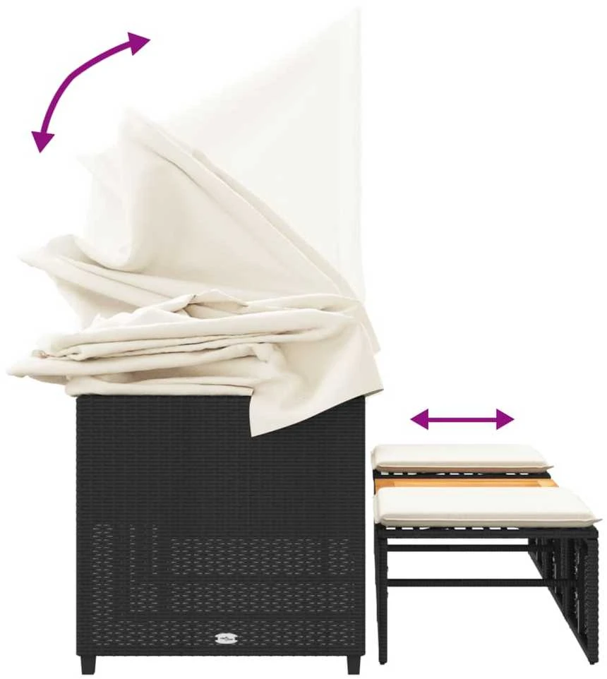 Trivietė sodo sofa su skliautu/taburetėmis, juoda, poliratanas