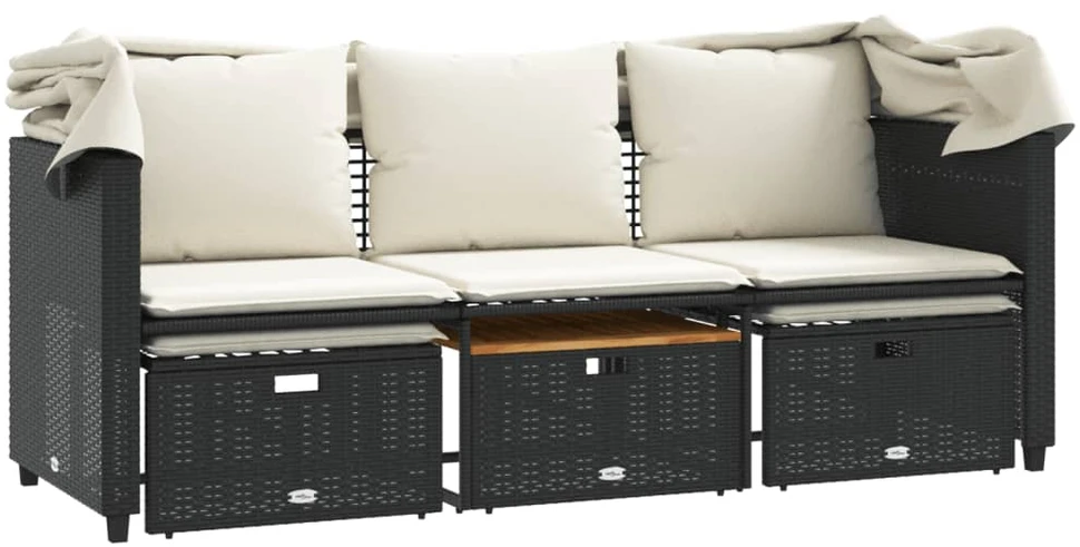 Trivietė sodo sofa su skliautu/taburetėmis, juoda, poliratanas