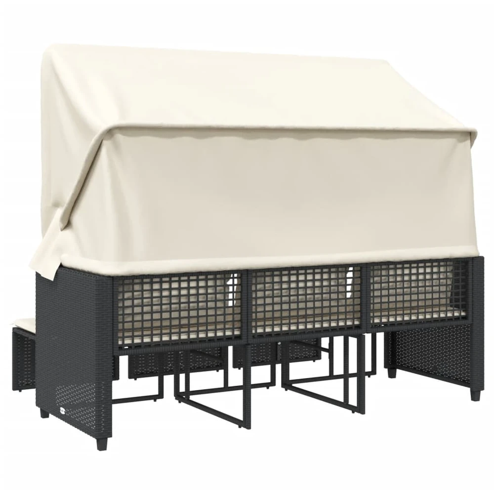 Trivietė sodo sofa su skliautu/taburetėmis, juoda, poliratanas