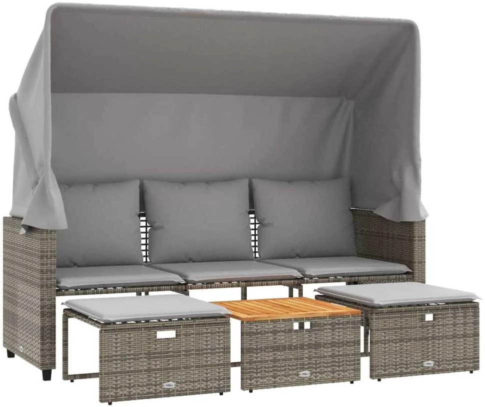 Trivietė sodo sofa su skliautu/taburetėmis, pilka, poliratanas