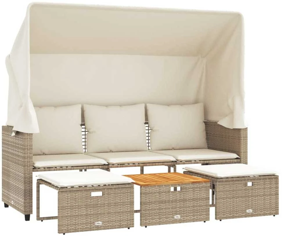 Trivietė sodo sofa su skliautu/taburetėmis, smėlio, poliratanas