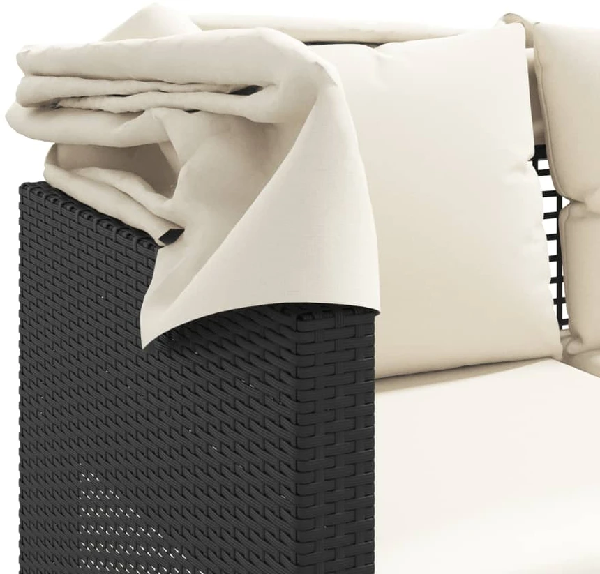 Trivietė sodo sofa su skliautu/taburetėmis, juoda, poliratanas