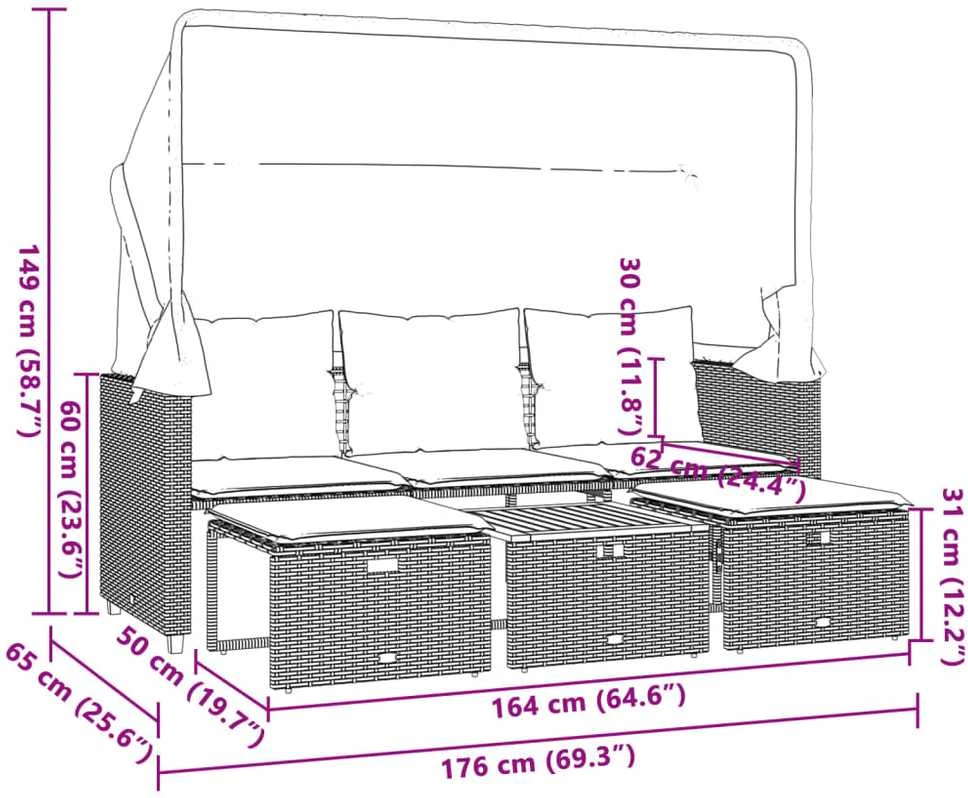 Trivietė sodo sofa su skliautu/taburetėmis, juoda, poliratanas