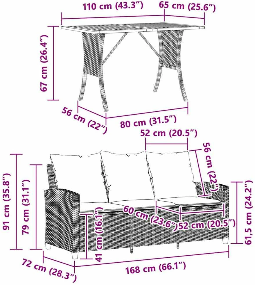 Trivietė sodo sofa su staliuku ir pagalvėlėmis, smėlio spalvos