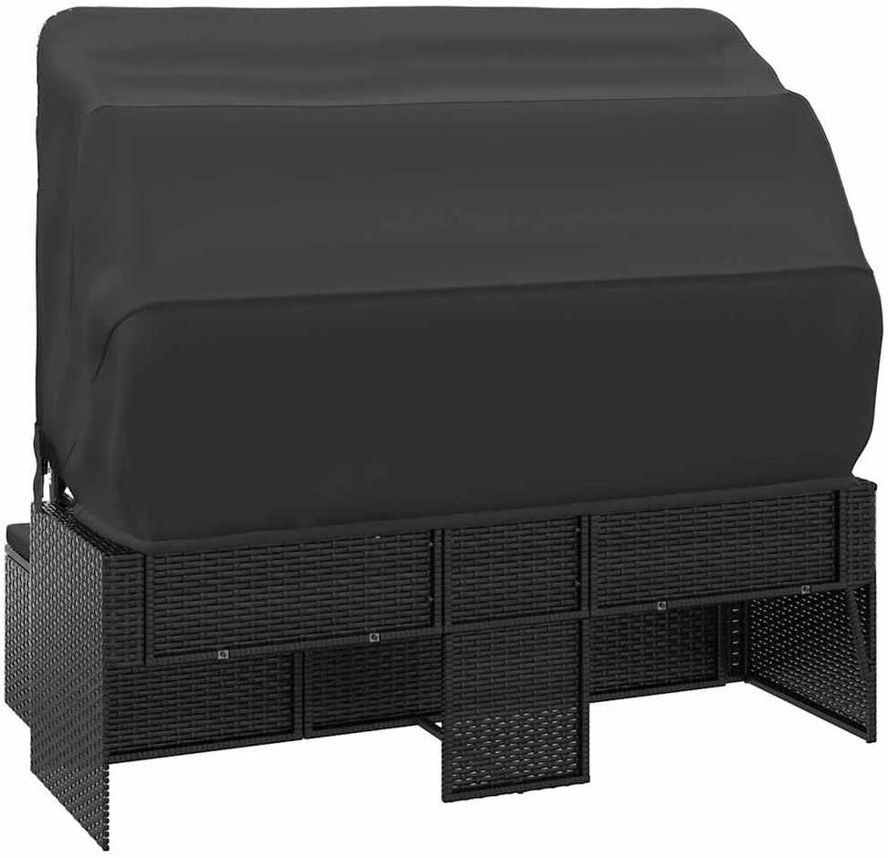 Trivietė sodo sofa su stogeliu ir pakoja, juoda, poliratanas