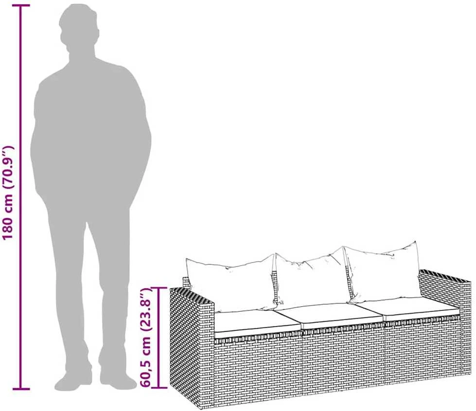 Trivietė sodo sofa su stogeliu ir pakoja, juoda, poliratanas