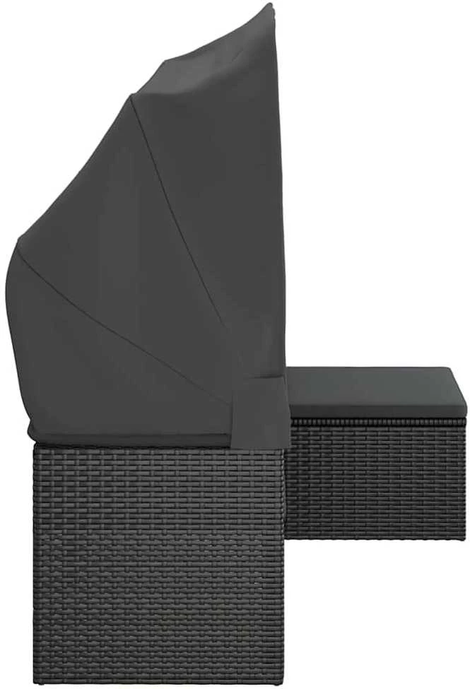 Trivietė sodo sofa su stogeliu ir pakoja, juoda, poliratanas