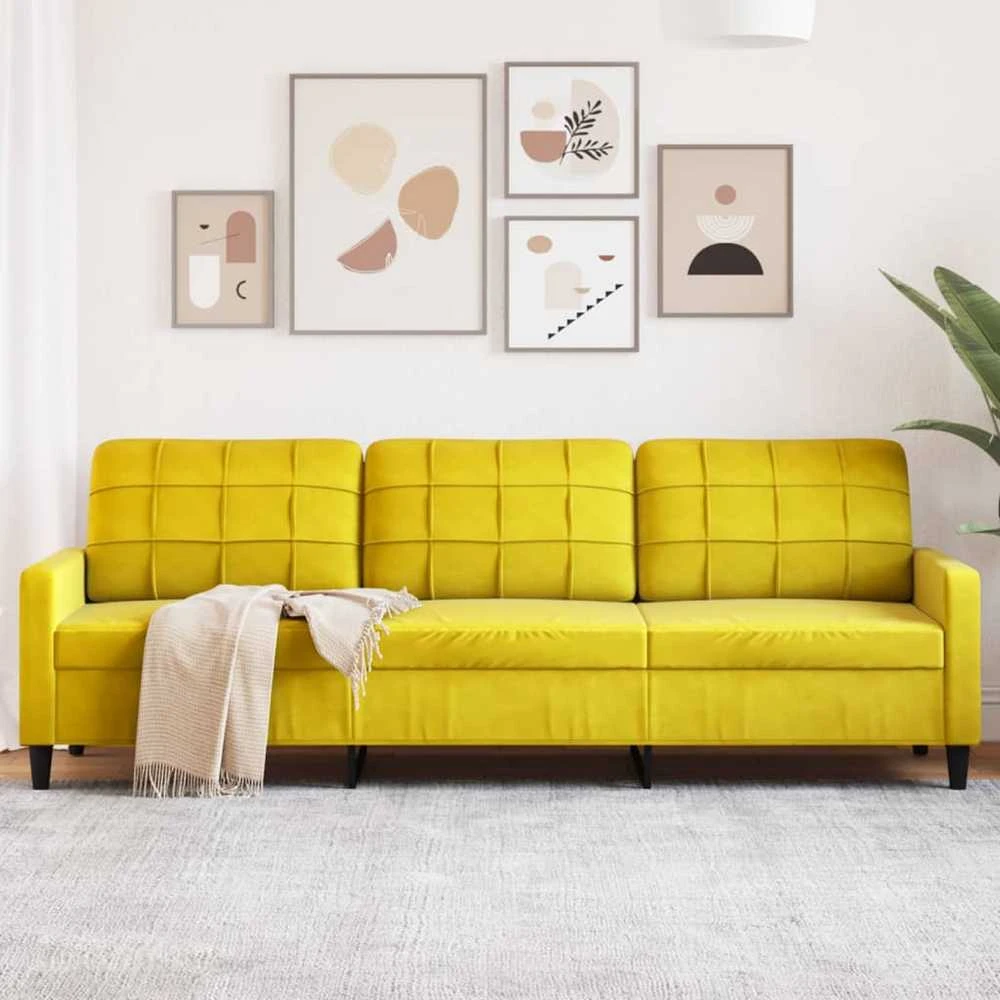 Trivietė sofa, geltonos spalvos, 210cm, aksomas