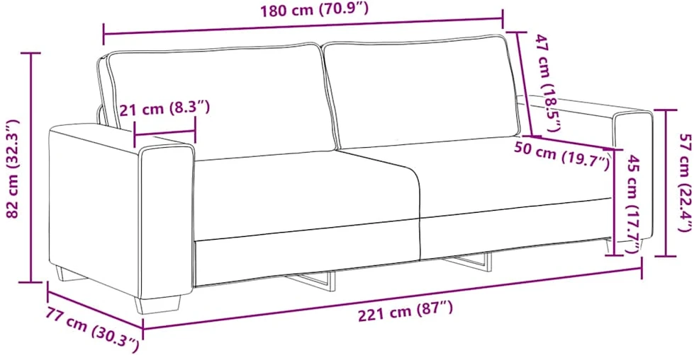 Trivietė sofa, juoda, 220x77x82 cm, audinys