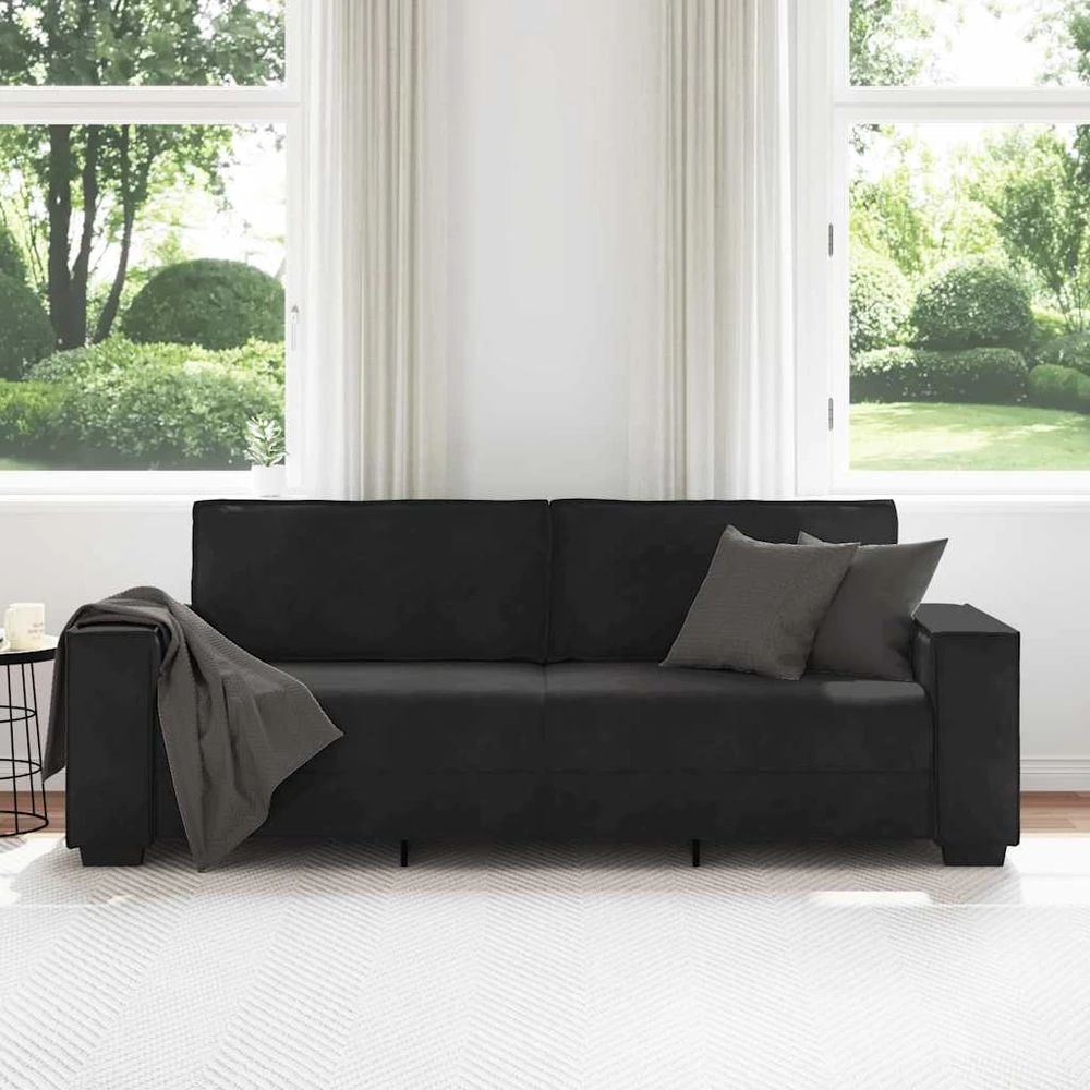 Trivietė sofa, juoda, 220x78x84 cm, aksominė